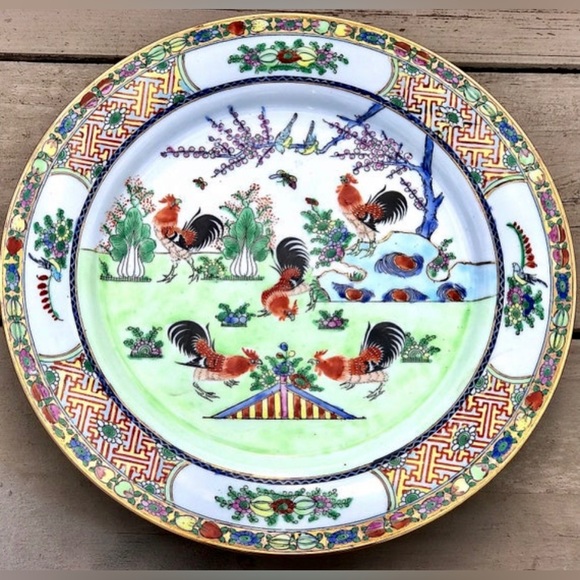Vintage Chinese Antique Gold Trim Ornate Hand Painted 5 Rooster Decorative Plate - Picture 6 of 10